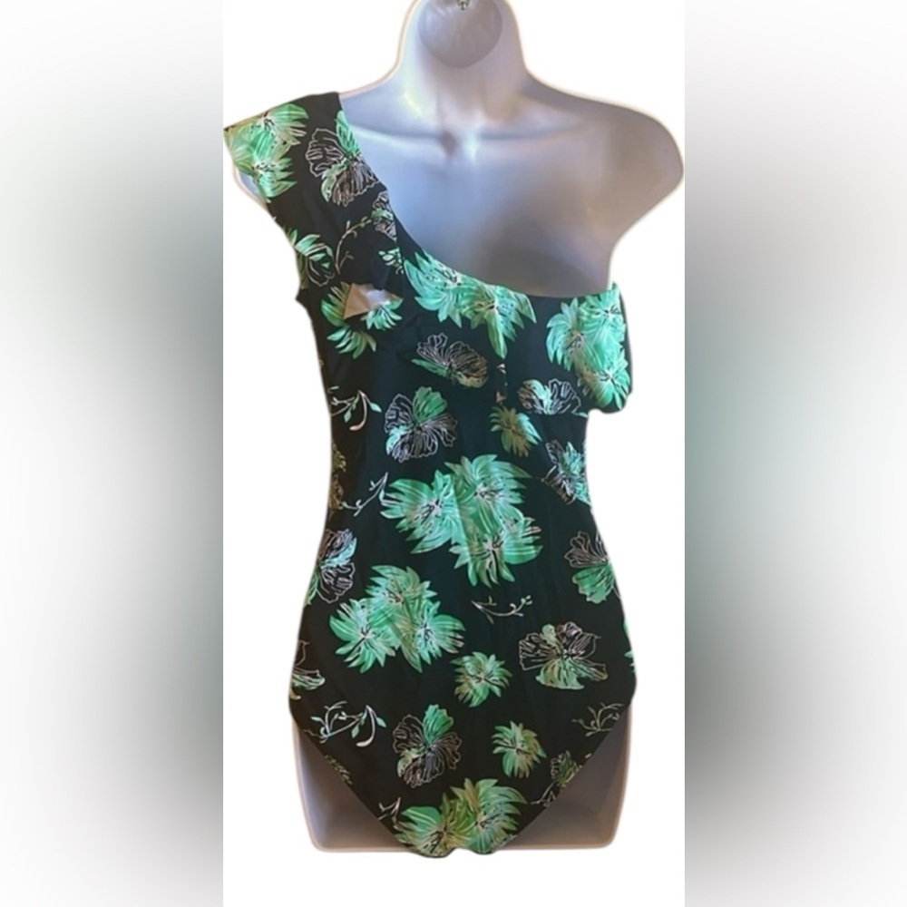 Hilor One Piece Asymmetric One Shoulder Bathing Suit Black/Green Womens Size 10 - Picture 8 of 15